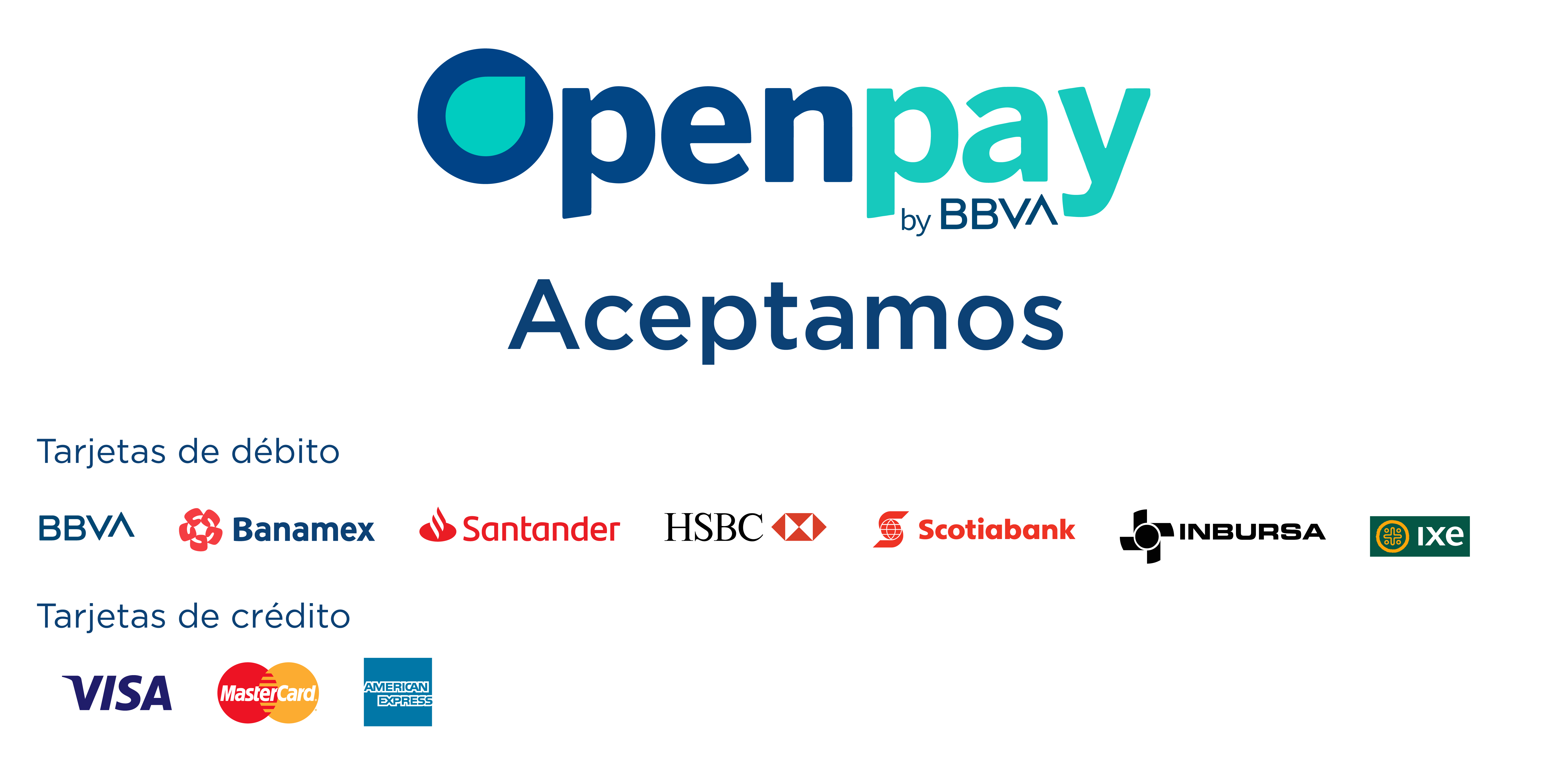 Aceptamos tarjetas credito y debito, visa, mastercard americanexpress, BBVA, banamex, santander, HSBC, Scotiabank, inbursa, IXE